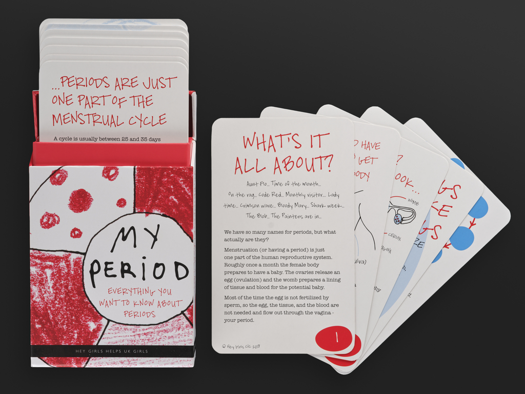 A pack of cards with an open top and red design and the words 'My period: everything you want to know about periods'. To its right are several cards fanned out to reveal anatomical illustrations and questions. 