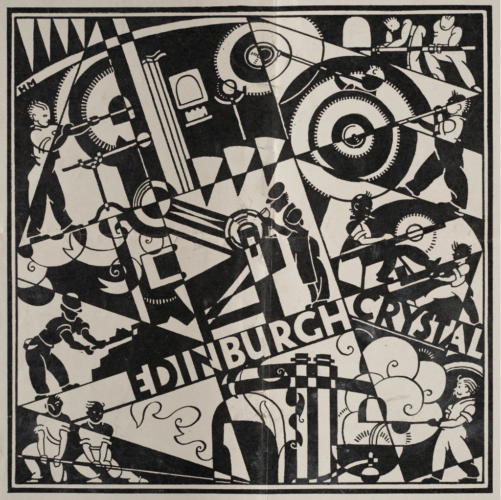 Poster artwork subdivided into many intersecting rectangles and triangles. People drawn in a 1920s cartoon style work various machines, and the words 'Edinburgh Crystal' are written near the bottom. A chaotic, visually hyper-stimulating image.