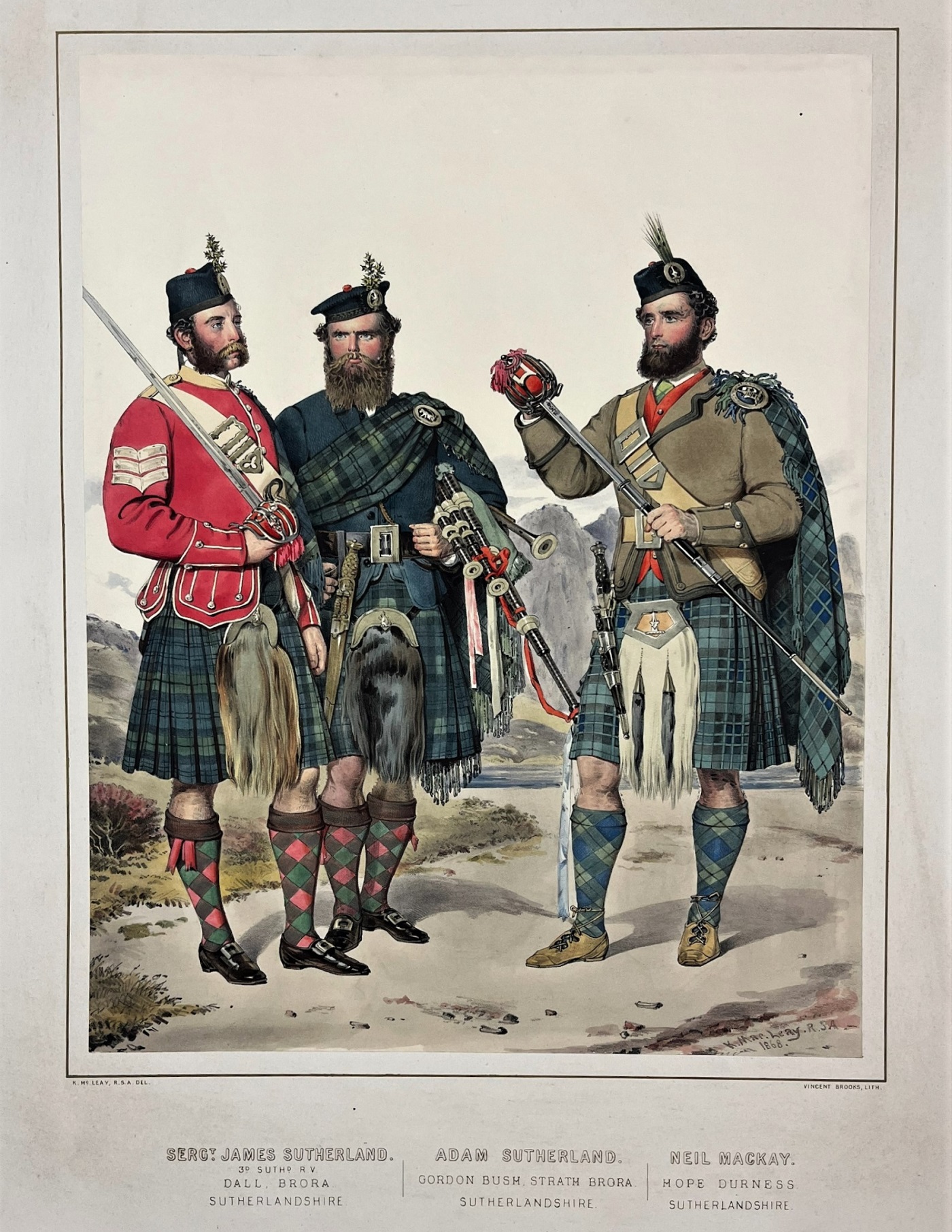 Illustration in a book showing three men, all with bushy beards, holding swords and dressed in head to toe Highland Dress with military jackets.