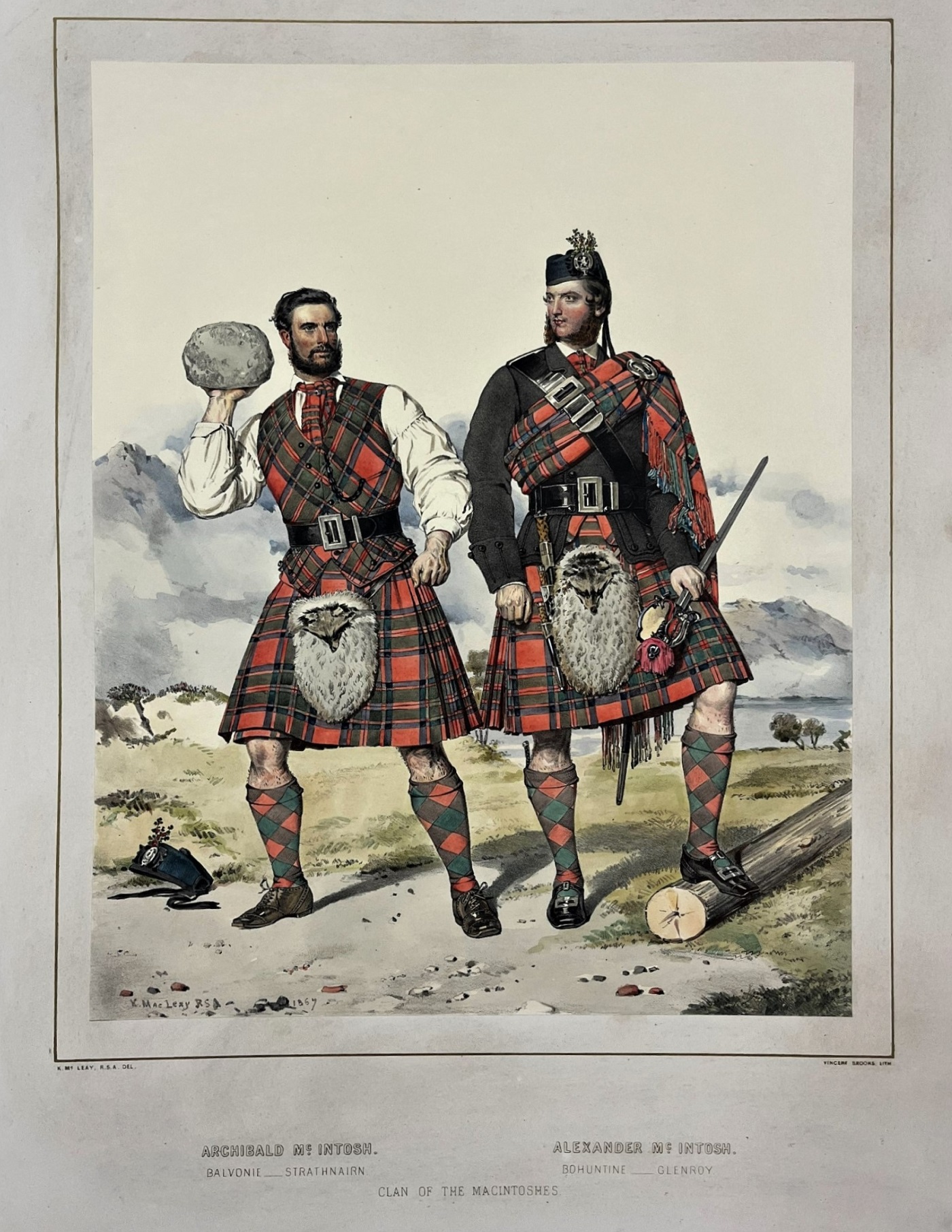 Illustration in a book showing two men in head to toe tartan (red with green stripes) standing in a mountainous, outdoor area. The man on the left holds up a large stone, the other has a broadsword at his hip.