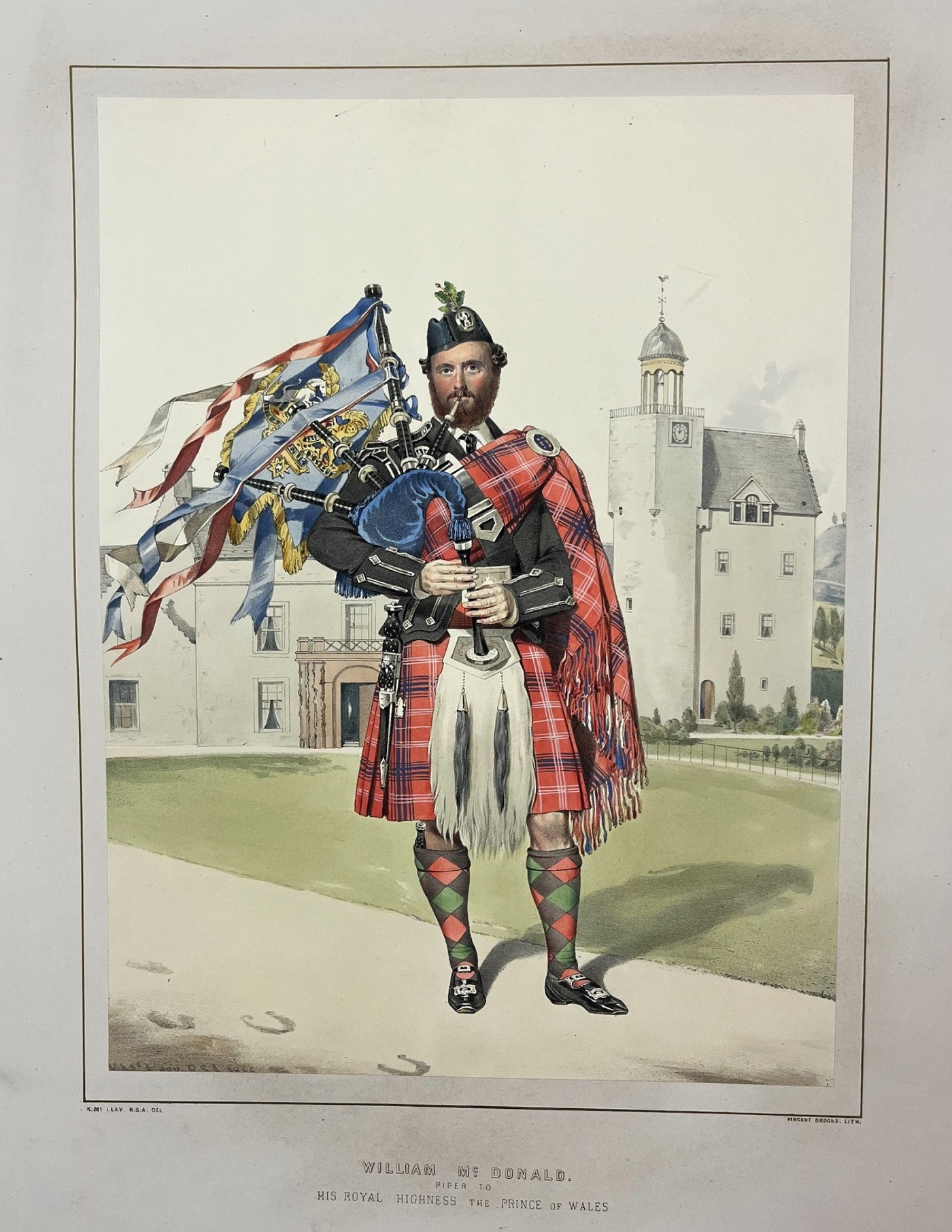 Illustration of a piper wearing vivid red Highland Dress standing in front of a white castle. Colourful banners fly from his pipes.