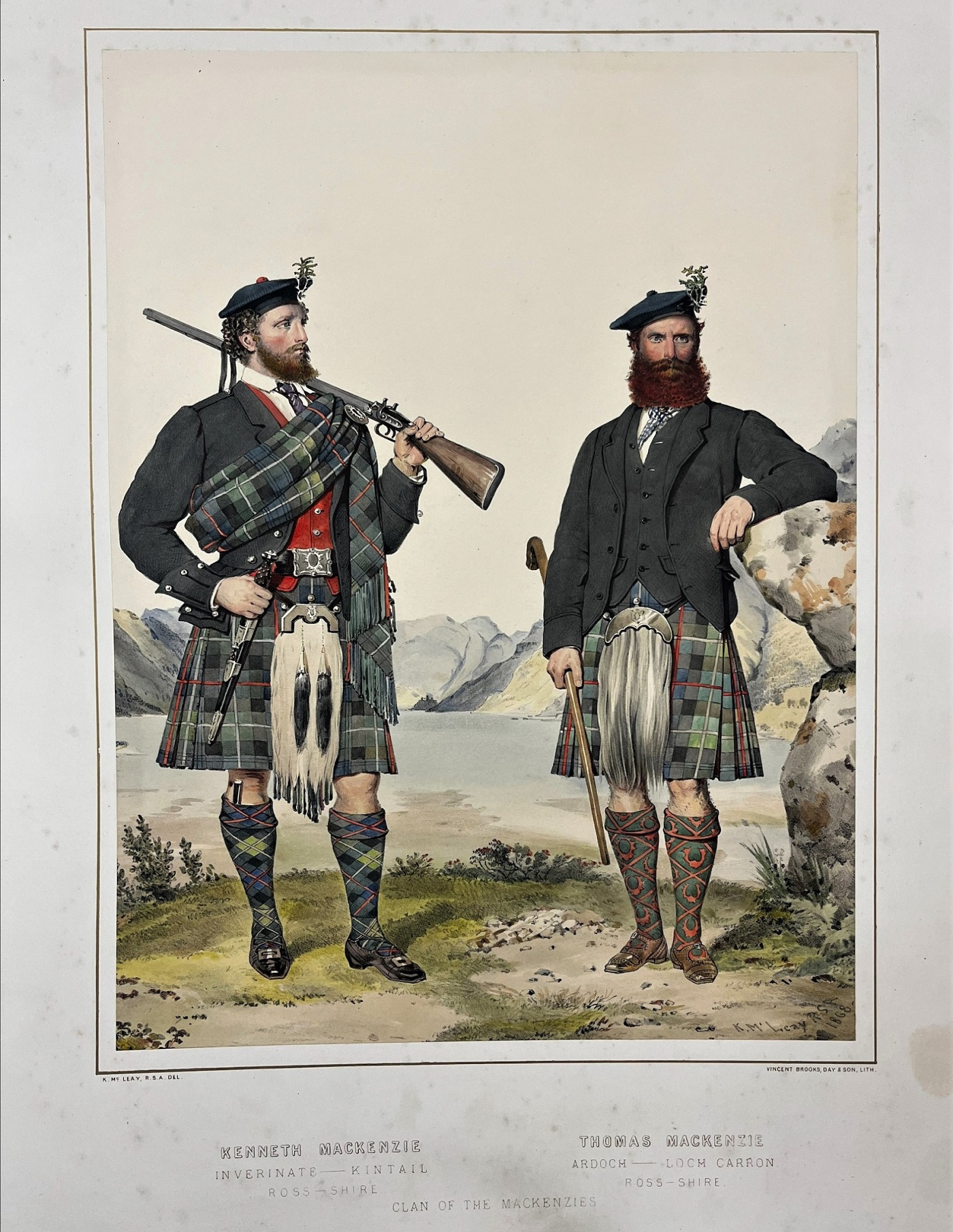 Illustration showing two wealthy men in suit jackets and short green kilts posing in front of a loch lined with hills.