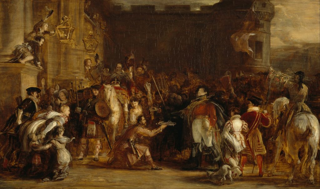 Highly Romanticised painting with a prevailing yellow hue of King George IV, dressed in Highland dress, surrounded by a crowd of fawning subjects outside a palatial building.